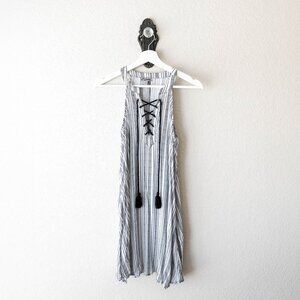 J for Justify Size Small Sleeveless Black & White Striped Boho Tassel Tie Dress